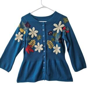 Classic Elements Blue Embroidered Floral Sweater Large Cottage Granny Core